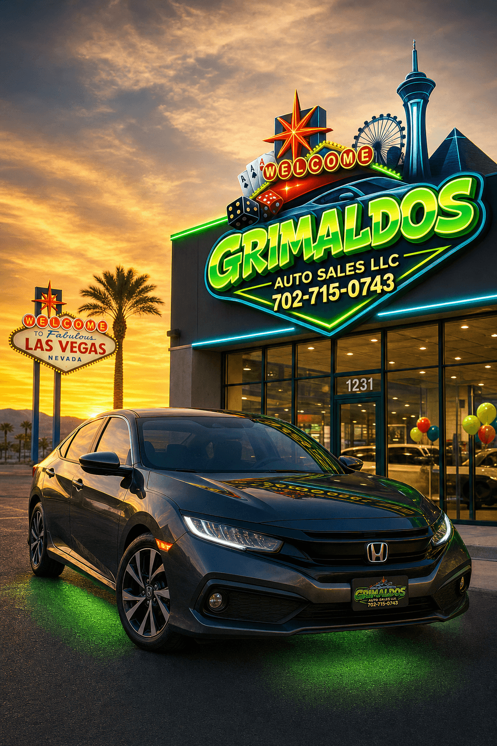 Grimaldos Auto Sales LLC social media post featuring a pre-owned vehicle with Las Vegas sunset backdrop