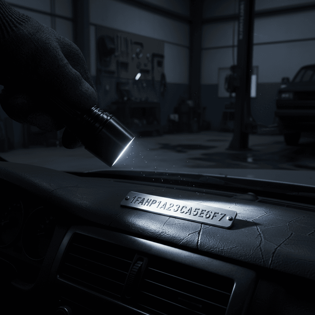 Hand holding a flashlight over a vehicle's dashboard VIN identification plate