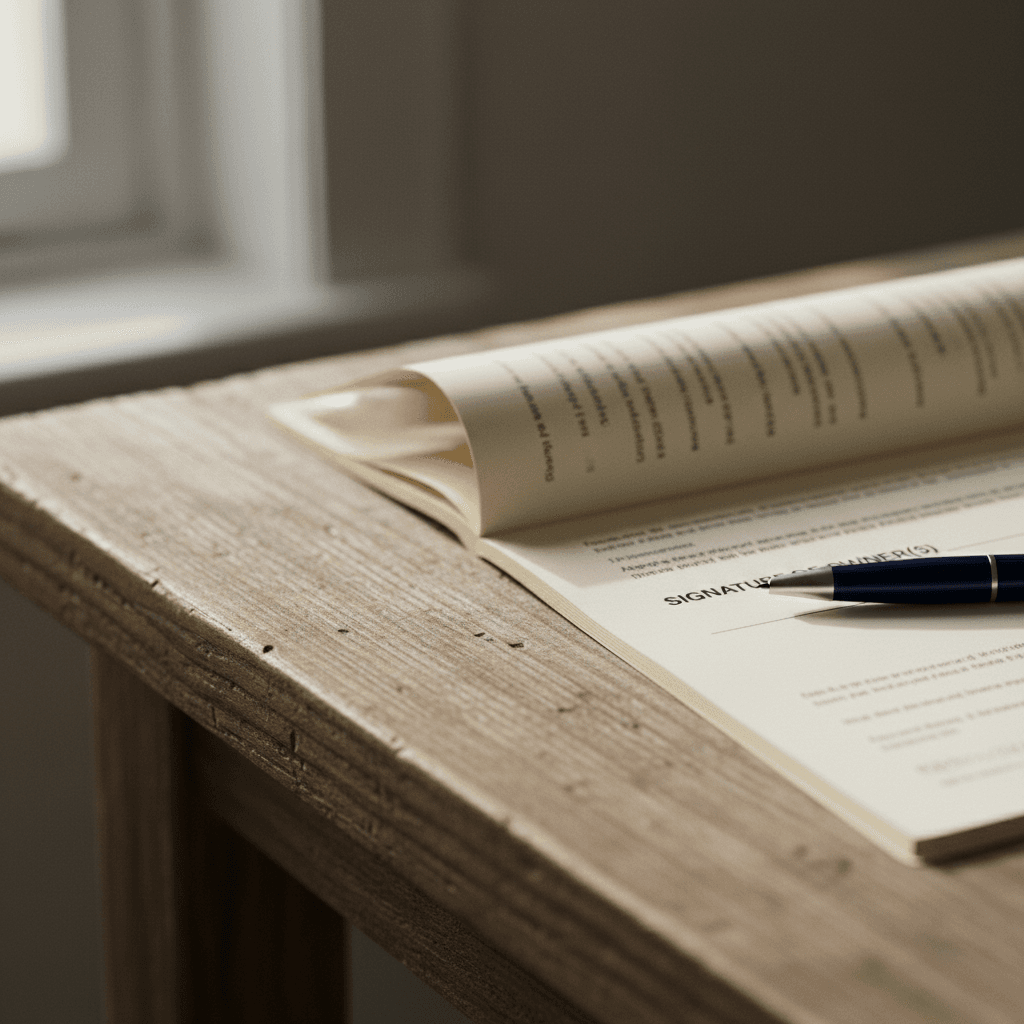 Open vehicle title document on a wooden desk with a pen resting beside it