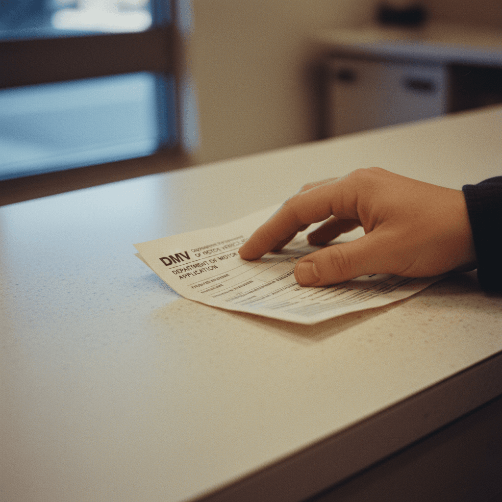 Person's hand sliding a DMV replacement title form across a counter
