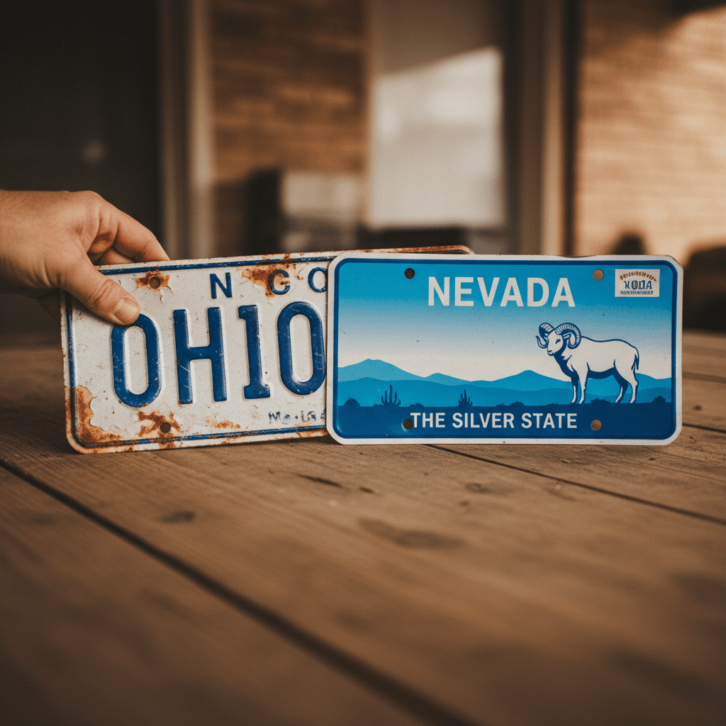 Hand holding an out-of-state license plate next to a Nevada license plate