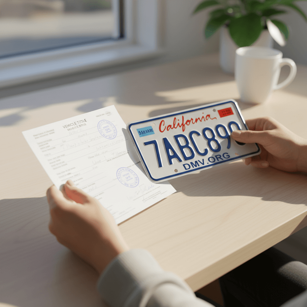 Hands holding a signed vehicle title and new license plates on a clean desk