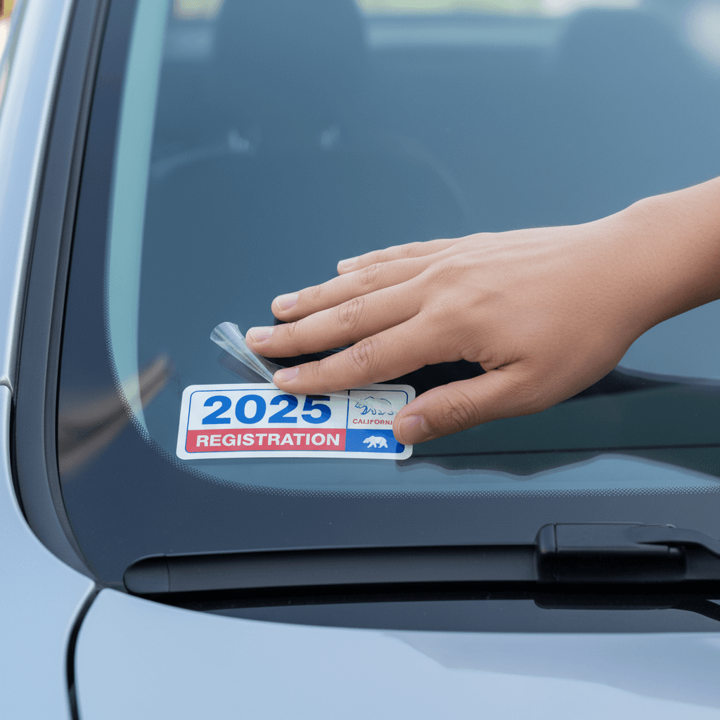 Close-up of a new vehicle registration sticker being applied to a windshield