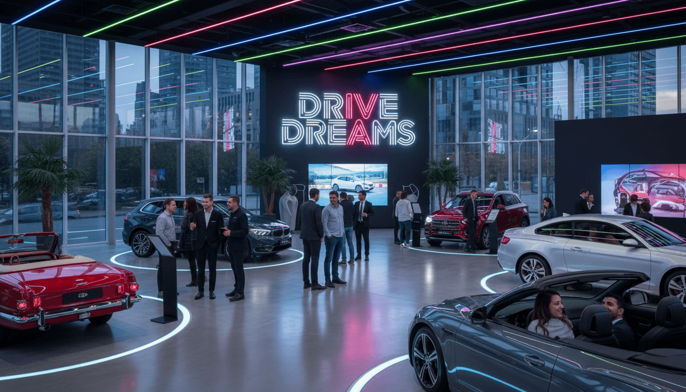 Vibrant Grimaldos Used Cars showroom with customers exploring pre-owned vehicle inventory