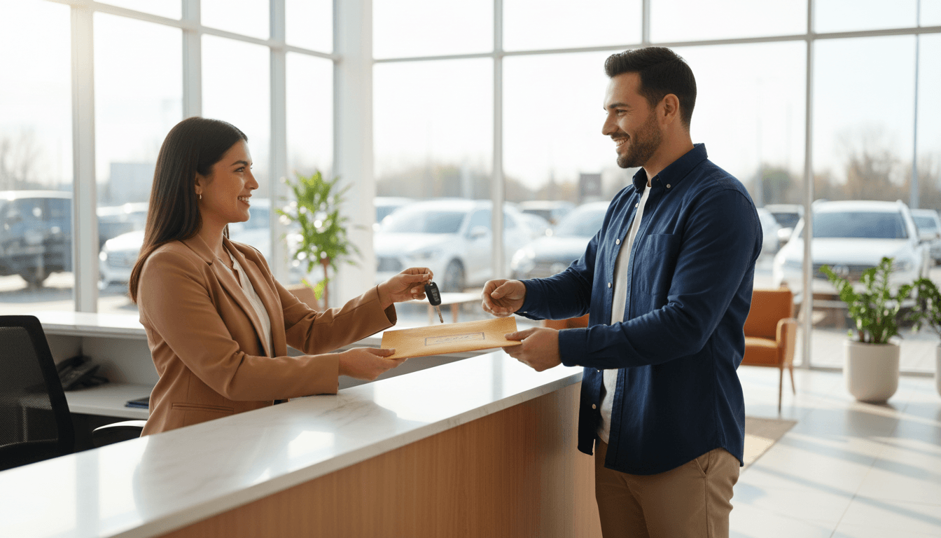 Staff member at a car dealership helps a customer with paperwork